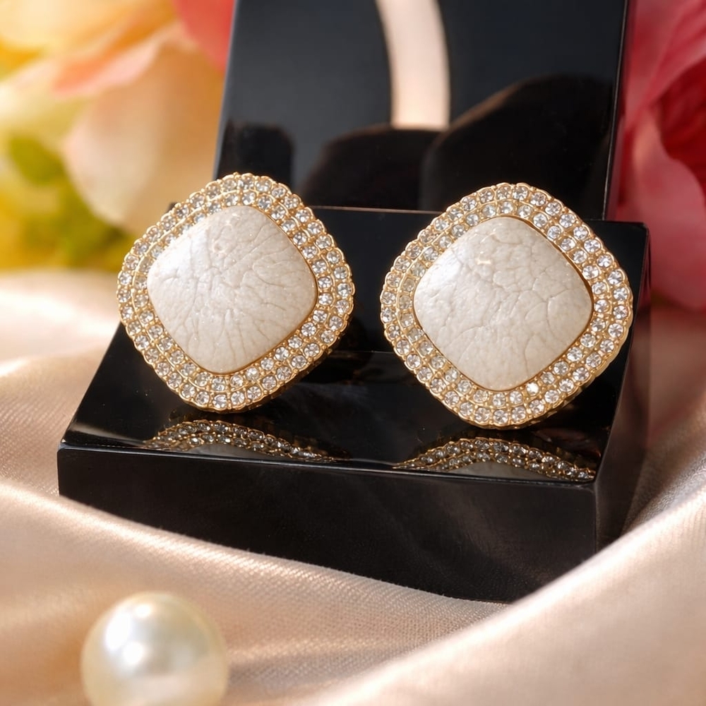 Gold-Tone Ivory Stone Pavé Halo Stud Earrings